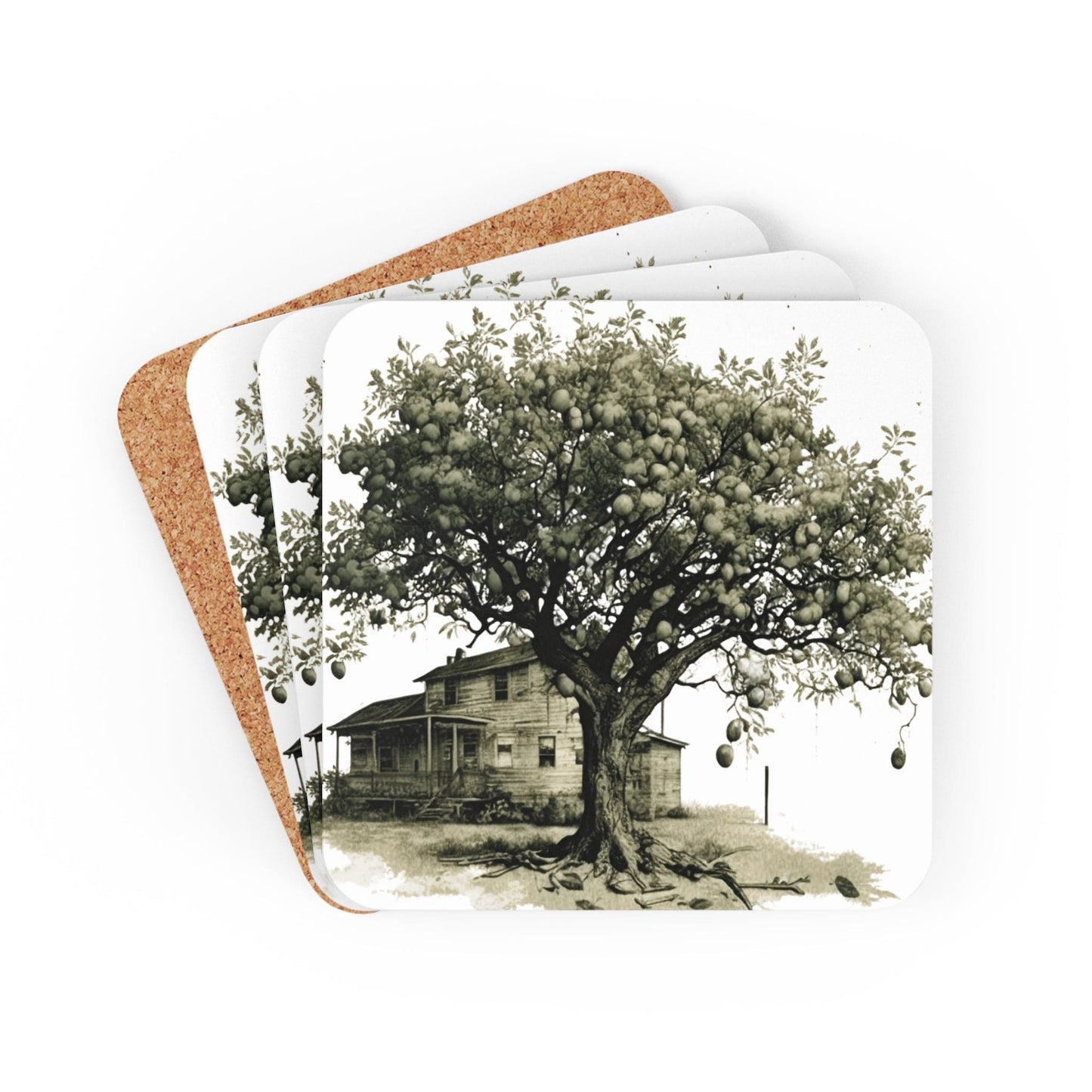 Coaster Set of 4 for Drinks Rustic Apple Tree Farmhouse Vintage Sketch Illustration Green Hue