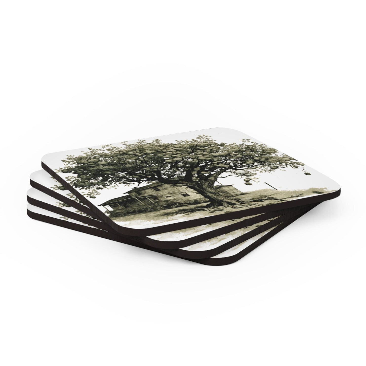 Coaster Set of 4 for Drinks Rustic Apple Tree Farmhouse Vintage Sketch Illustration Green Hue