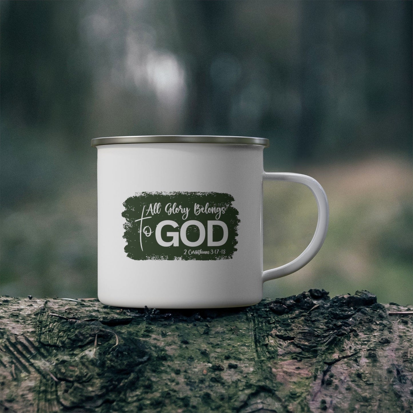 Enamel Camping Mug - All Glory Belongs to God Christian Illustration Dark Green