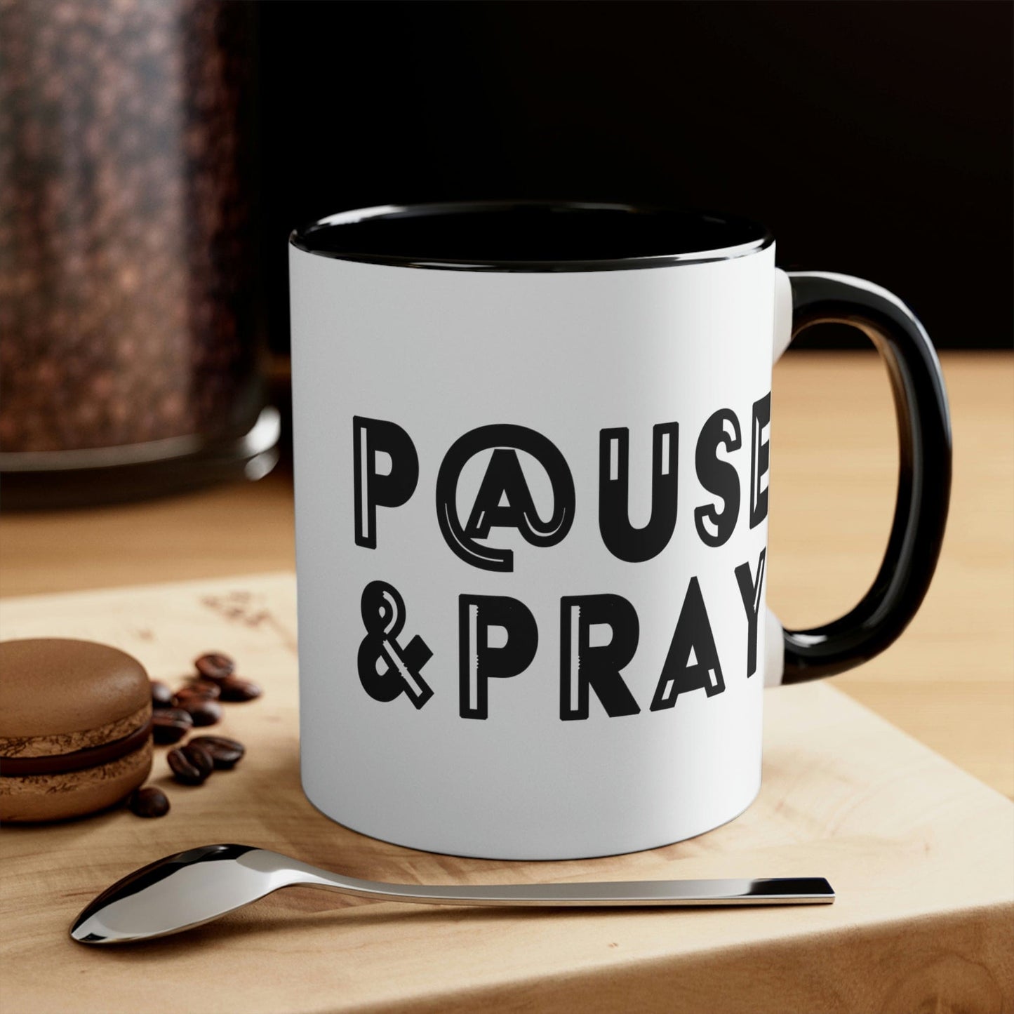 Two-tone Accent Ceramic Mug 11oz Pause and Pray Black Christian Inspiration