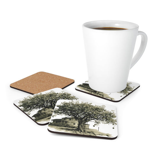 Coaster Set of 4 for Drinks Rustic Apple Tree Farmhouse Vintage Sketch Illustration Green Hue