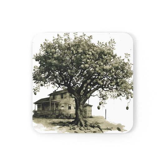 Coaster Set of 4 for Drinks Rustic Apple Tree Farmhouse Vintage Sketch Illustration Green Hue