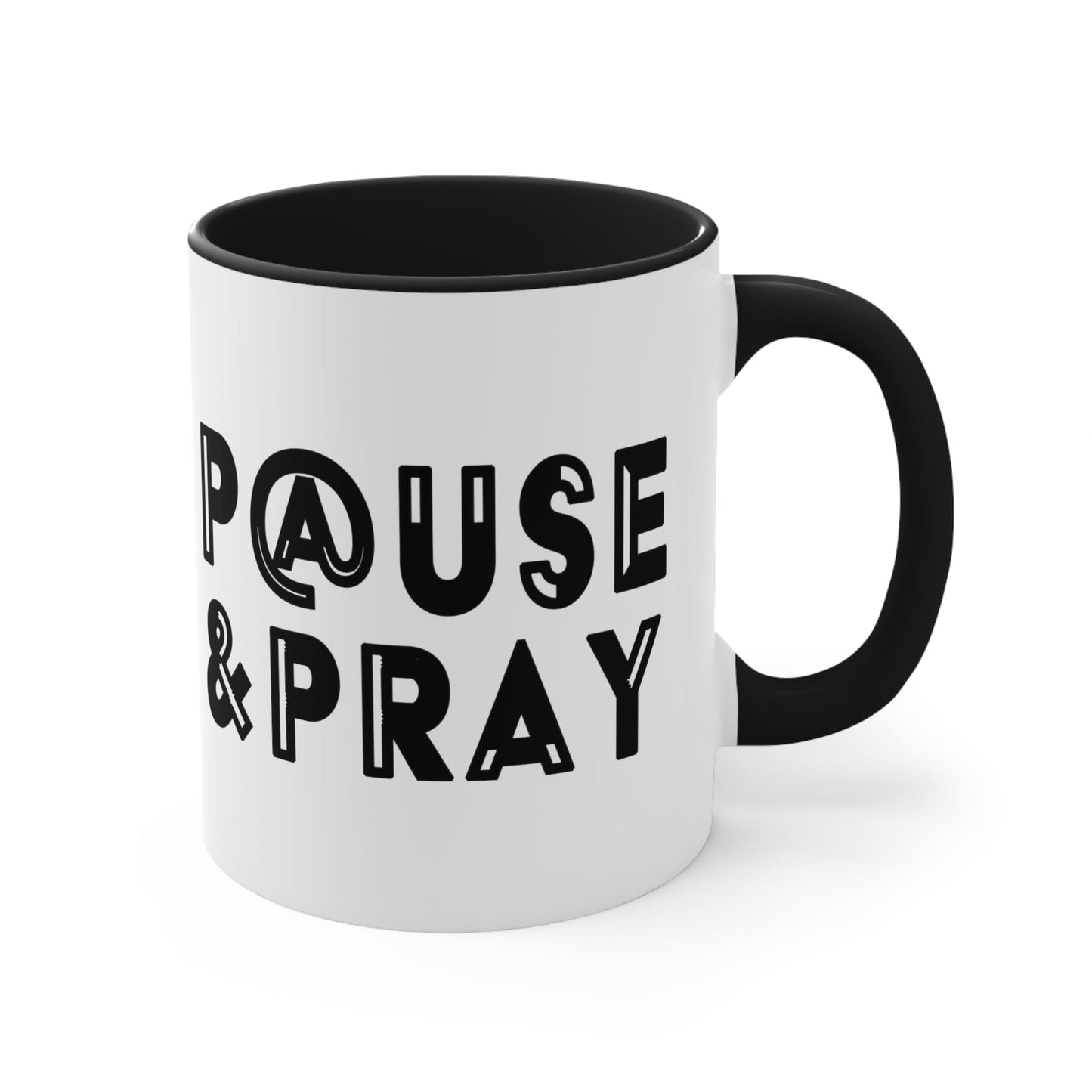 Two-tone Accent Ceramic Mug 11oz Pause and Pray Black Christian Inspiration